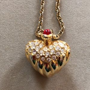 Vintage Joan Rivers Puffy Gold-tone Heart with Crystals & Red Cabochon Necklace